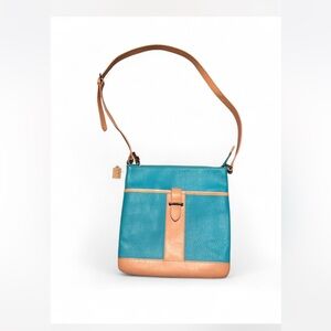 Elegant Teal and Salmon Jack Georges Pebbled Leather Crossbody Bag